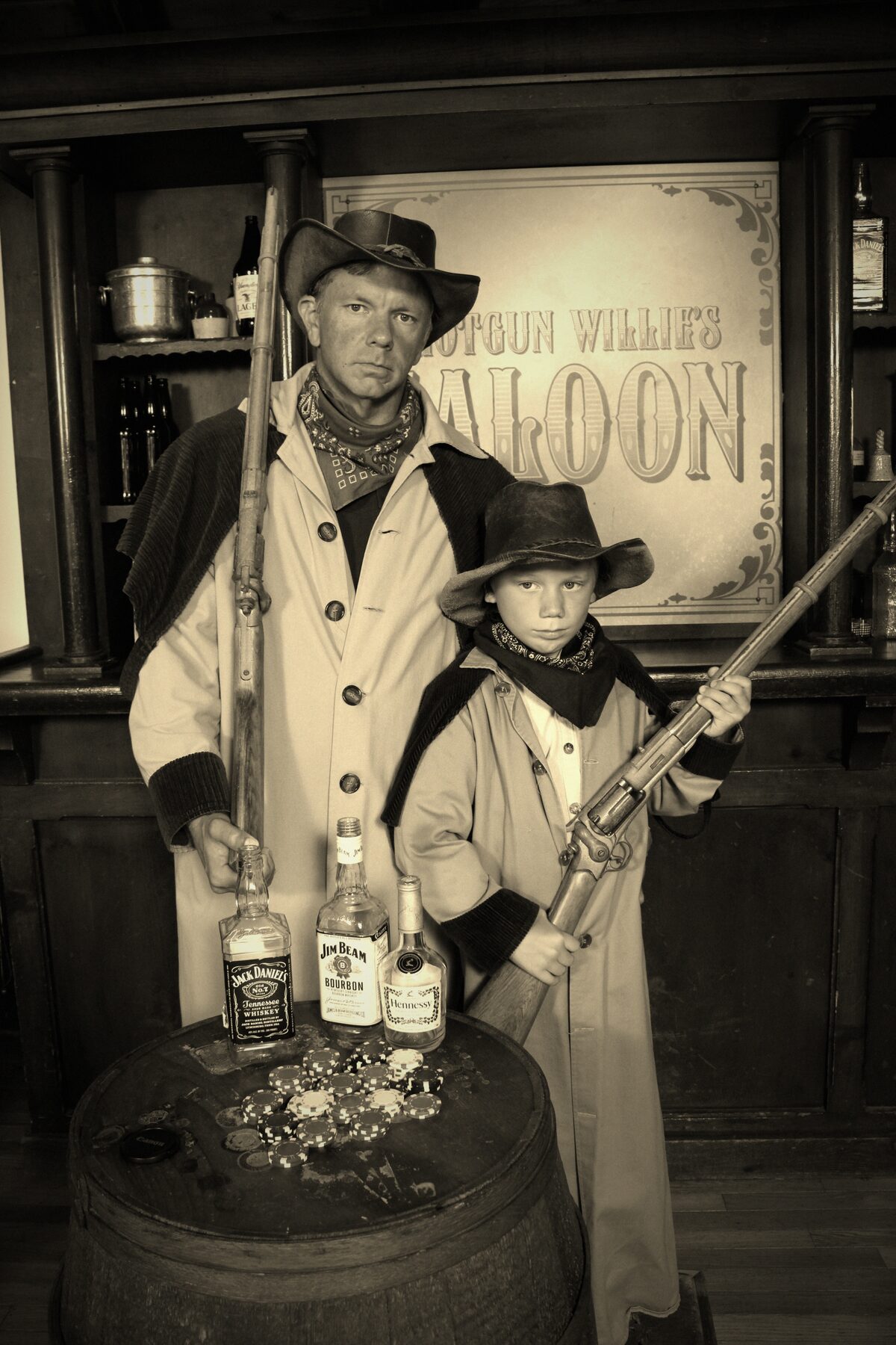Teddy and Dad in an old-time cowboy photo