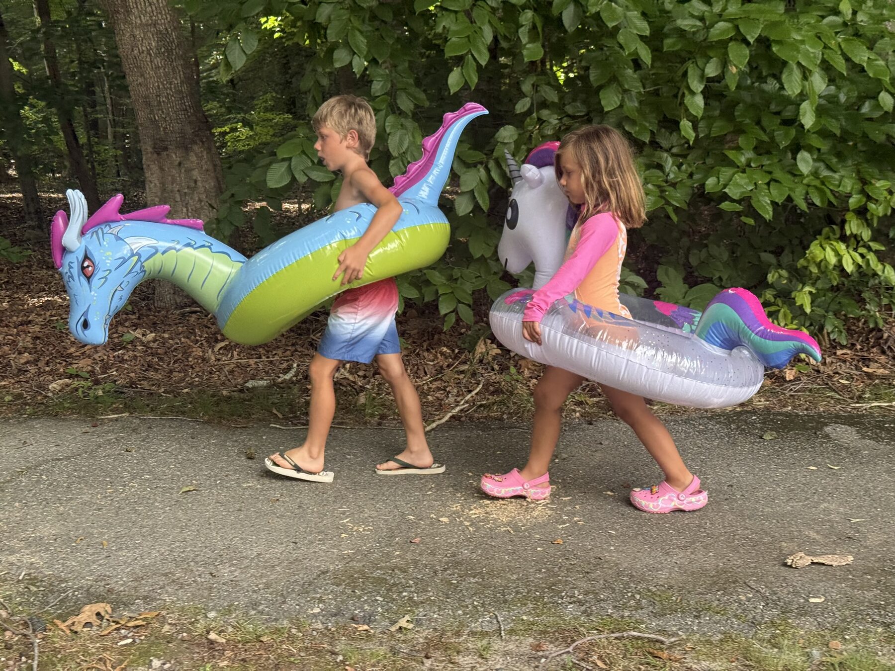 Teddy and his sister carrying pool floats